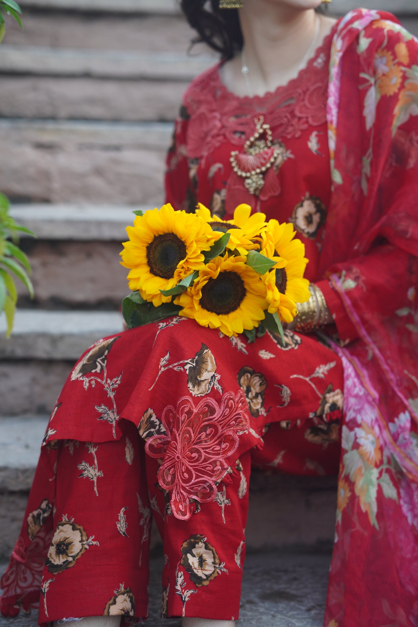 Vermillion Blooms, 2 piece khaddar dress