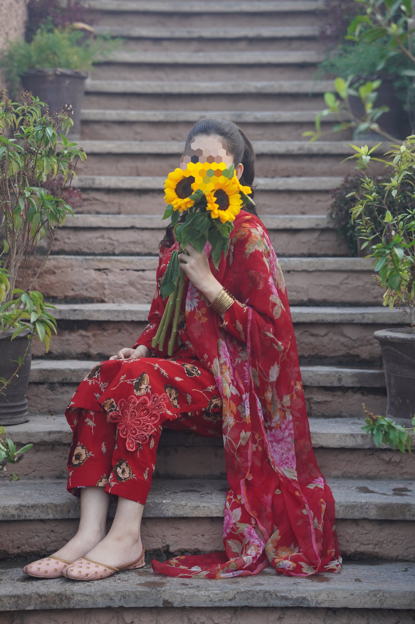 Vermillion Blooms, 2 piece khaddar dress