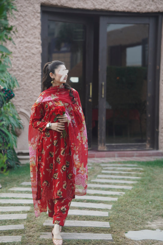 Vermillion Blooms, 2 piece khaddar dress